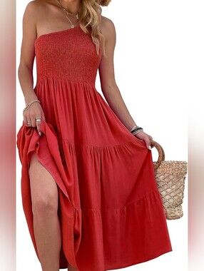 SHEIN Red One-Shoulder Smocked Maxi Dress